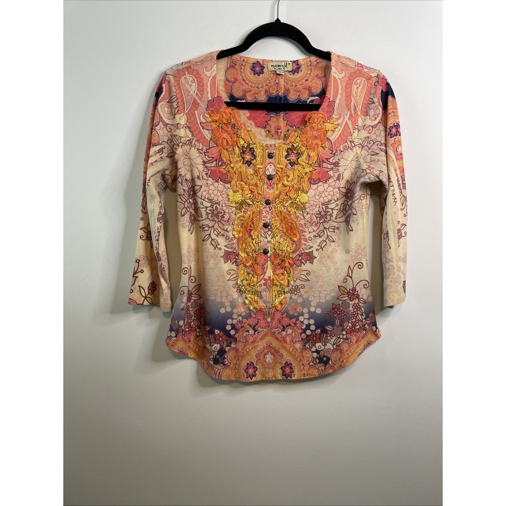 One World M Beige Paisley Boho Top Embellished Button 3/4 Sleeve